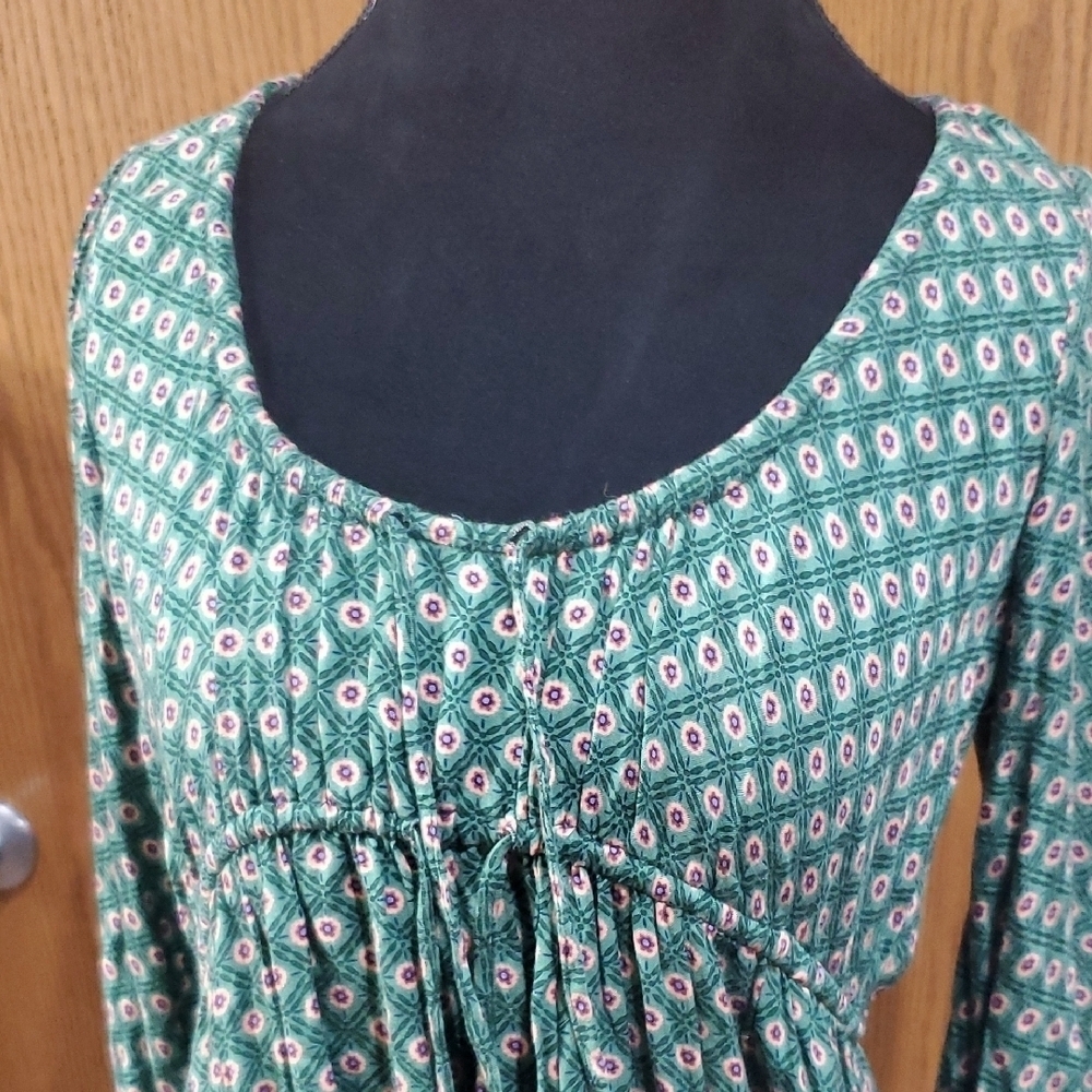 Anthropologie Green Patterned Lightweight Bishop Sleeve Dress - Picture 3 of 10